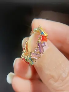 [Gold Plated Fashion Ring] 18K Gold Plated Light Luxury Irregular Geometry Brilliant Rainbow Square Synthetic Cubic Zirconia Ladies Elegant Fashion Geometric Design Ring - Couple Style