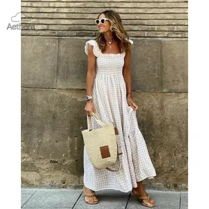 2026 Summer Women’s European American Style Dress, Plaid Print Sleeveless Spaghetti Strap Dress, Elastic Waist A-Line Flowy Swing Dress, Elegant Casual Fashion Outfit for Daily Vacation Party