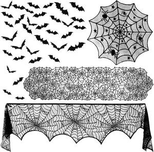 Halloween Decorations Kit - 39 Pcs Black Lace Spiderweb Table Runner, Round Tablecloth, Mantel Scarf & 36 3D Bats Stickers for Spooky Party Décor