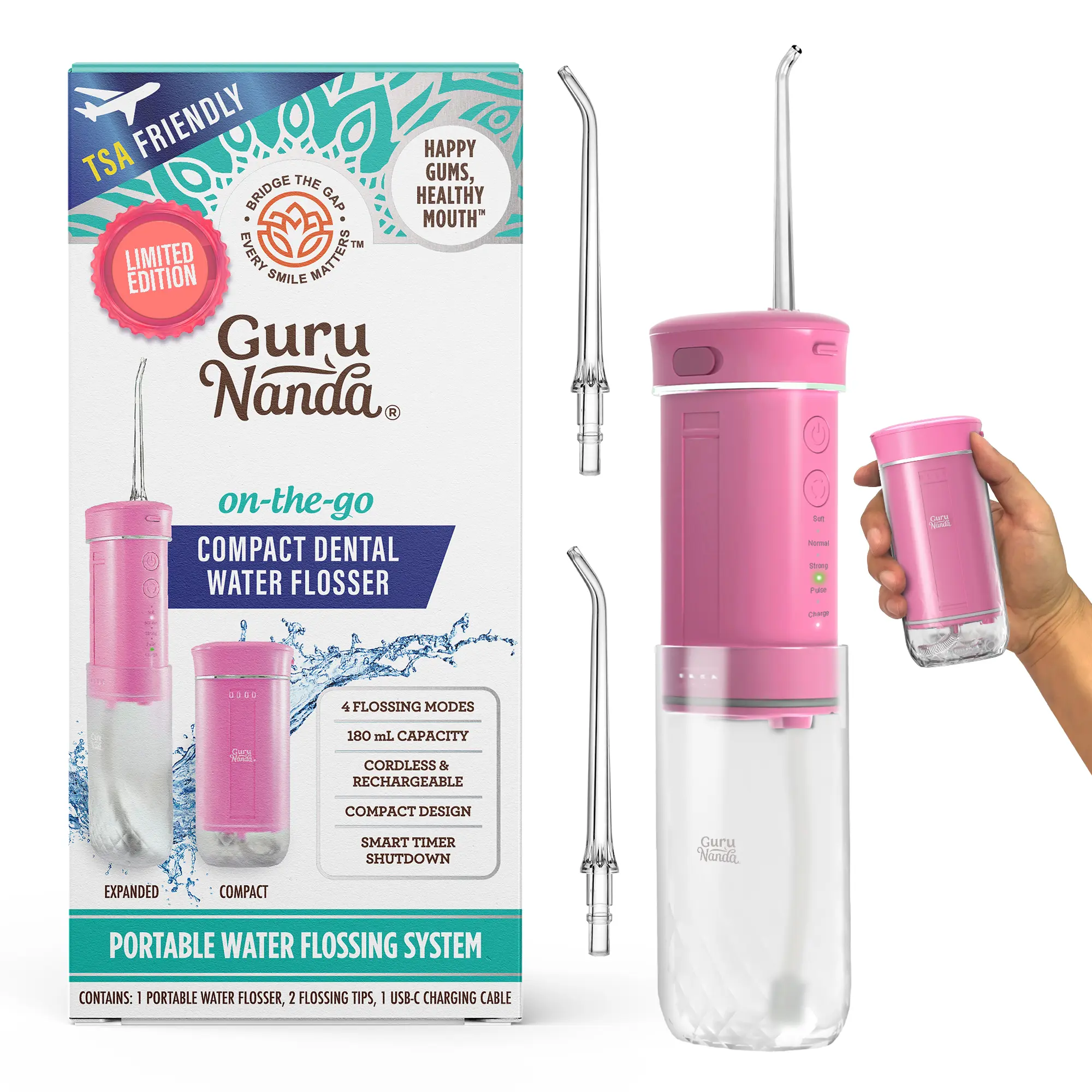 GuruNanda Compact Dental Water Flosser (180 ml) - Pink GuruNanda Compact Dental Water Flosser (180 ml) - Pink