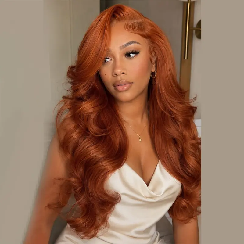Pumpkin Colored Body Wave Fall Season Ginger Orange 13X4 Lace Frontal Wigs Long 36 38 40 Inches Hair Remy Wig Human Hair For Women Halloween Gift