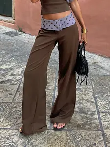 Polka Dot Patchwork Casual Commuter Pants, Fitted Straight Leg Woven Trousers, All Seasons Street Style, Versatile Daily Wear, Womenswear Bottom