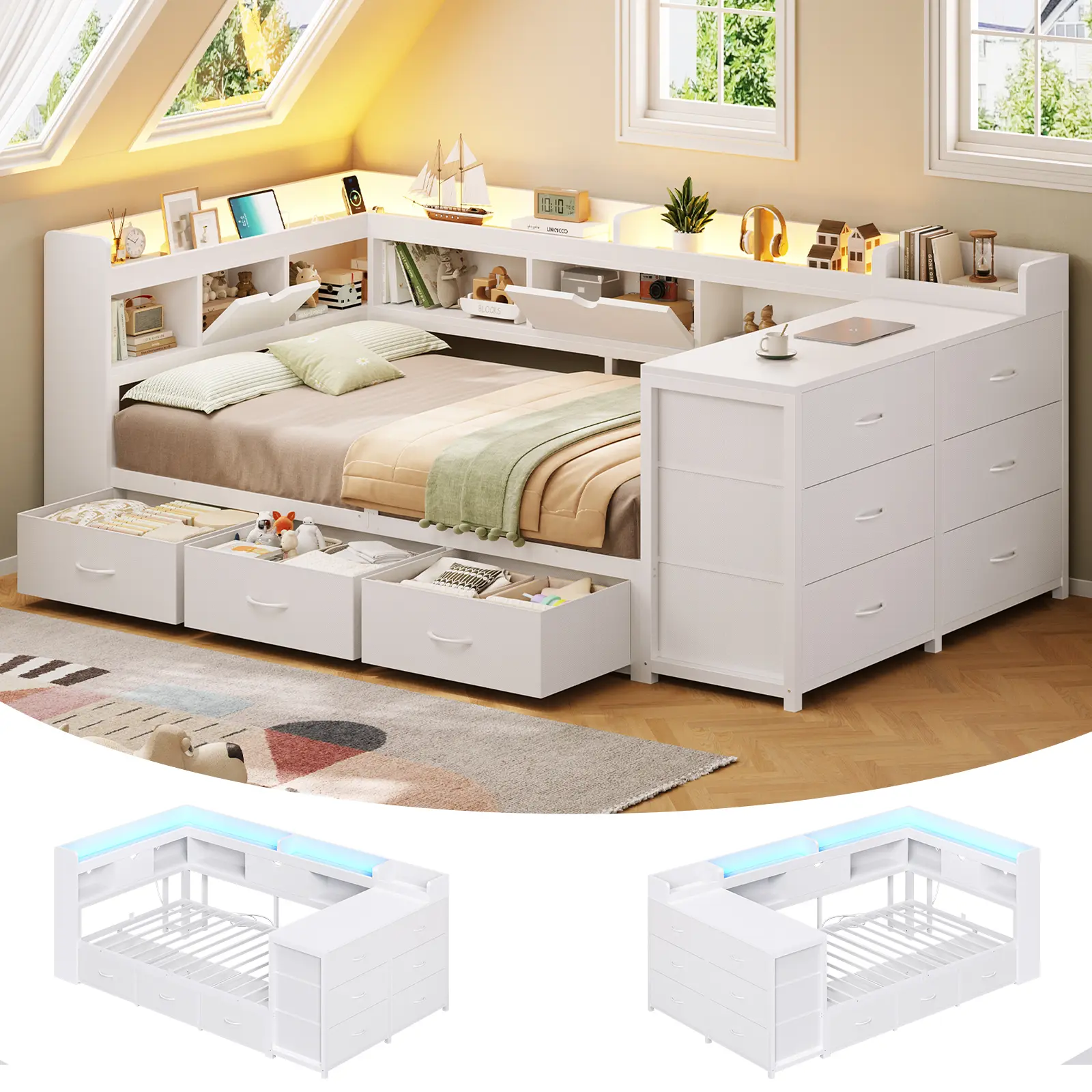 AOGLLATI Twin XL Corner Bed Frame with Hidden Storage and 9 Drawers LED Daybed with Bookcase Storage and Charging Station