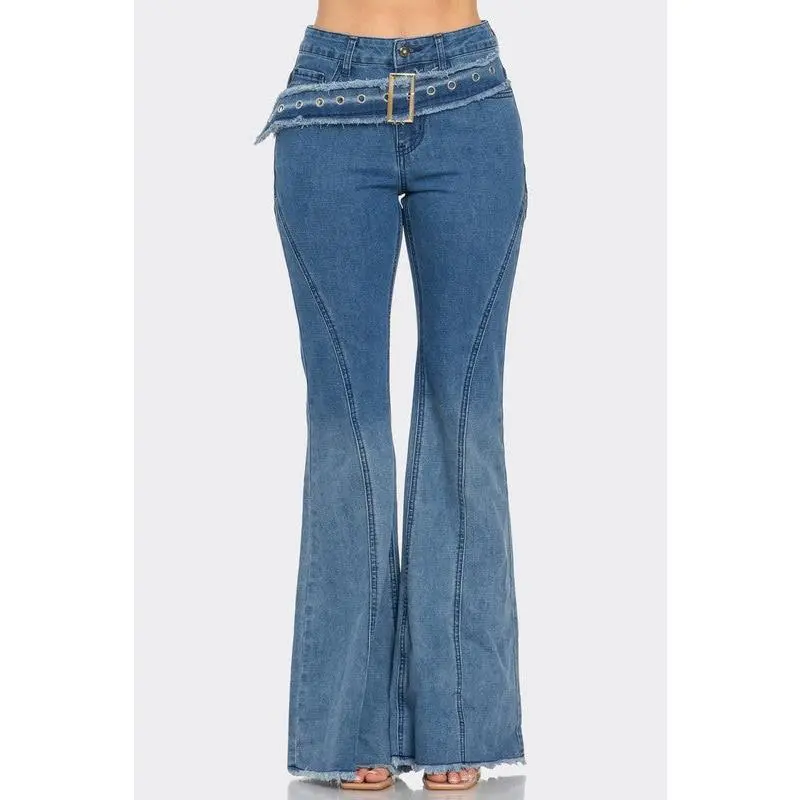 Vintage Wash Bell Bottom Jeans for Women, High-Waist Fitted Stretchy Denim Fabric with Contour Seams, Raw Hem & Belt Detail, Chic, Halloween, Embellished Jeans, Christmas, Thanksgiving, Easter, Valentines Day, Raw Hem Jeans