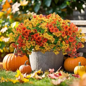 Artificial Chrysanthemum Plant without Pot, Fall Decorative Flowers, Fake Flower for Garden, Yard, Patio, Balcony, Window Sill Decoration, Fruit