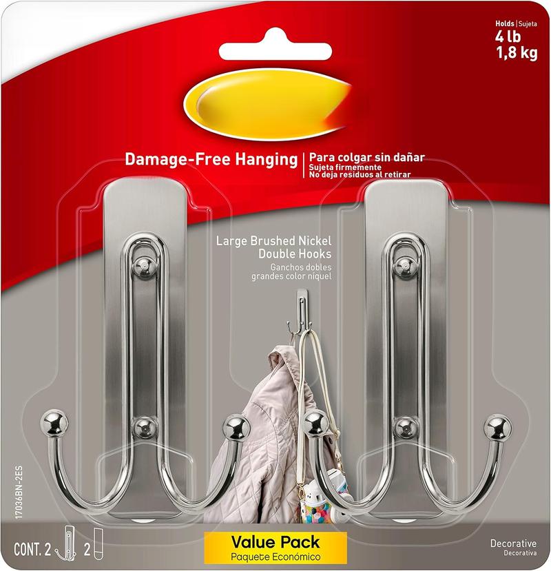 Large Brushed Nickel Double Hooks, 2 Hooks and 2 Command Strips, Damage Free Hanging Wall Hooks with Adhesive Strips, No Tools Coat Hooks for Hanging Home Decor, Holds up to 4 lb