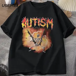 Viral Autism Skeleton Meme Men's Oversized Graphic T-Shirt | Heavy Metal Hardcore Dual Guns Fire Flames Funny Streetwear Bootleg Novelty Tee