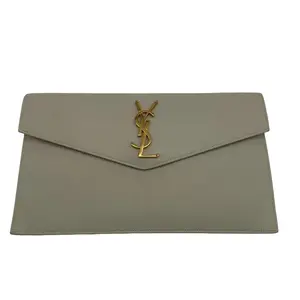 Pre-owned Yves Saint Laurent Leather Clutches & Wristlets YSL Textured Envelope Clutch in Cream Color with Gold Toned Hardware