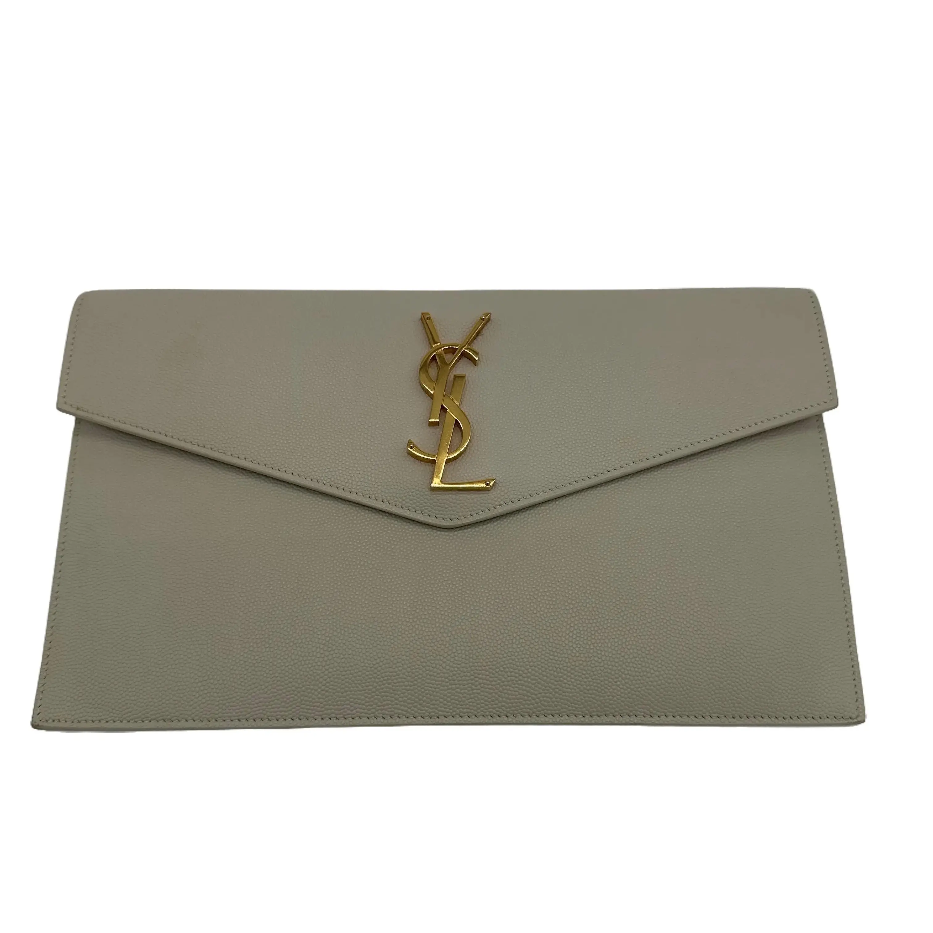 Pre-owned Yves Saint Laurent Leather Clutches & Wristlets YSL Textured Envelope Clutch in Cream Color with Gold Toned Hardware