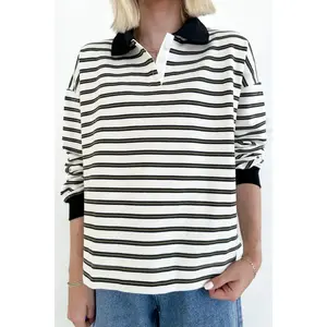 Jackson Striped Collared Long Sleeve Top in Ivory