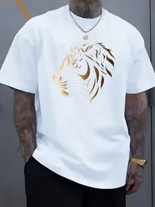 Men'S Plus Size Oversized 100% T-Shirt with Blue Lion Graphic Print - Big & Tall Casual & Workwear Short Sleeve Round Neck Tee, Breathable Summer Shirt, Machine Washable Comfort Fit, Ideal Gift for Men (White with Blue Lion Design)