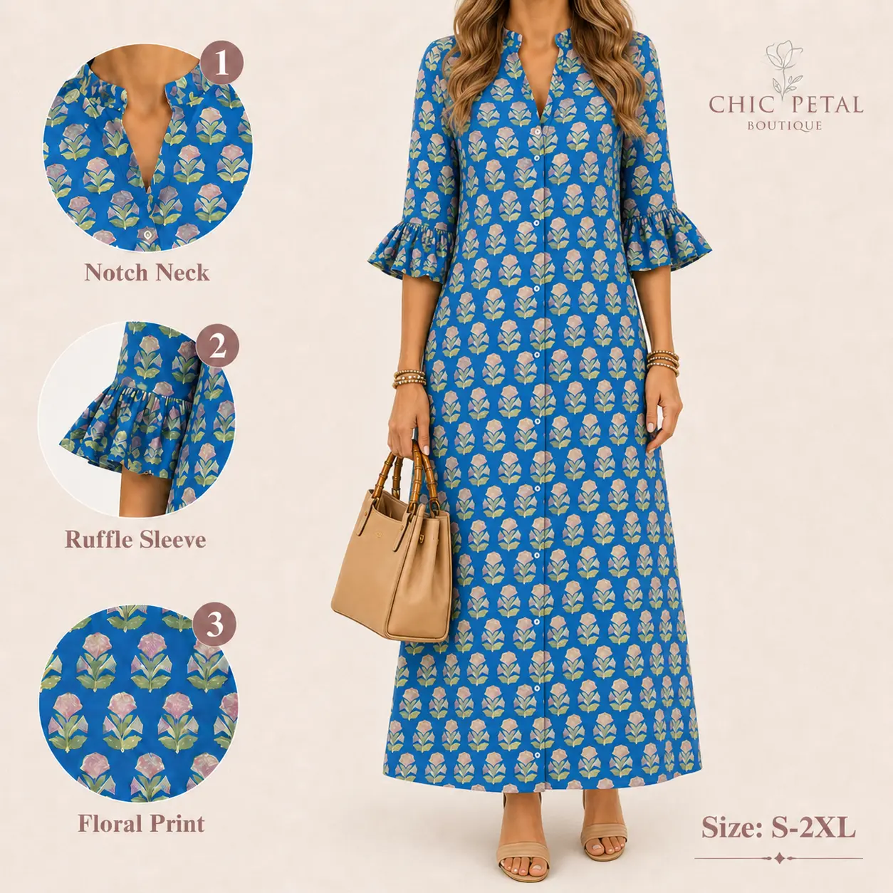 Women’s Blue Floral Maxi Dress, Button Front Notch Neck Ruffle Sleeve Dress by Chic Petal Boutique