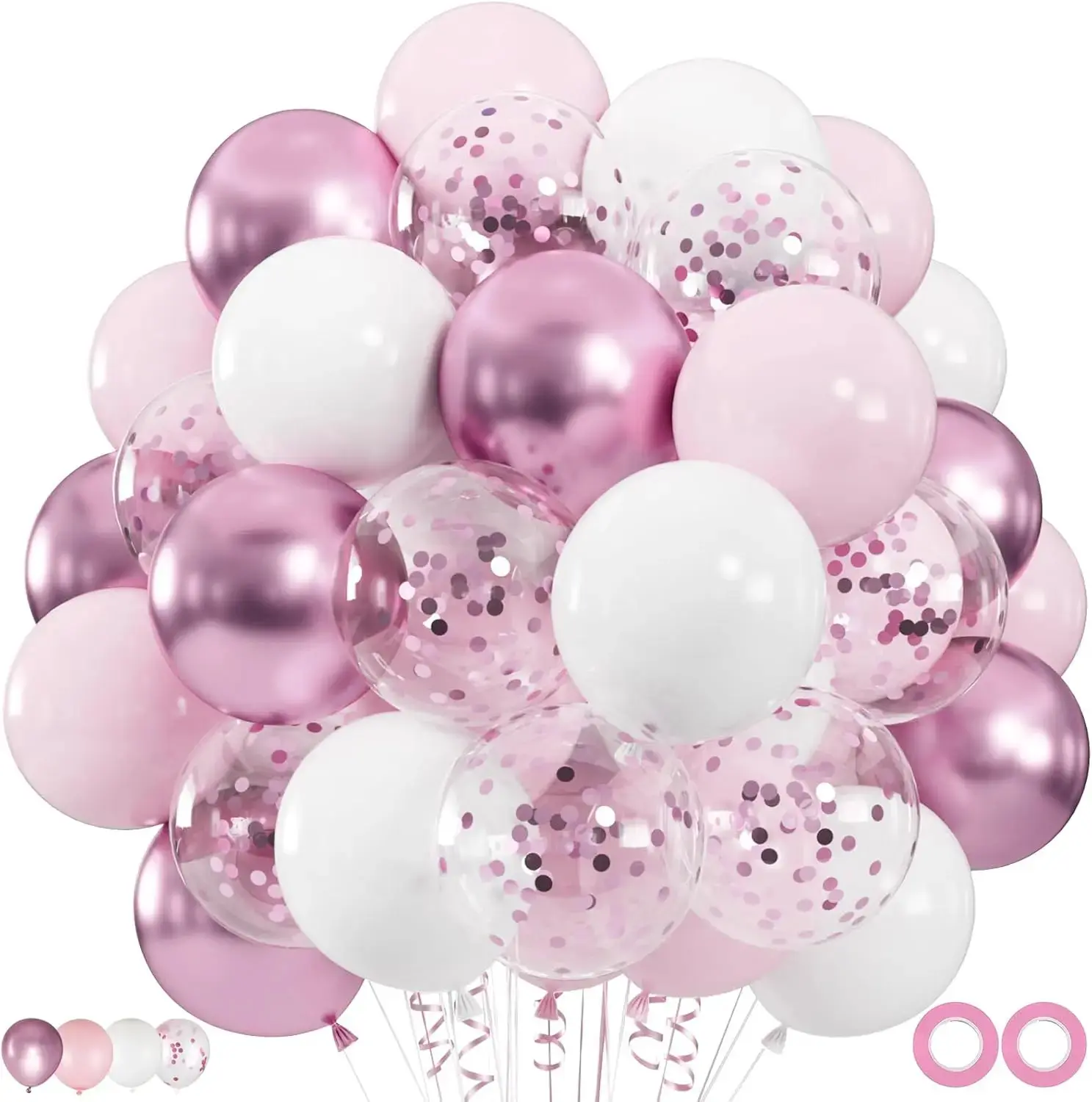 100pcs 12-in Pink & White Self-Sealing Latex Rubber Balloons Set with Pink Confetti, 66ft Curling Ribbon for Hanging, Premium Durable for Father's Day, Bonfire, Diwali Decor & Balloon Arch, Easter