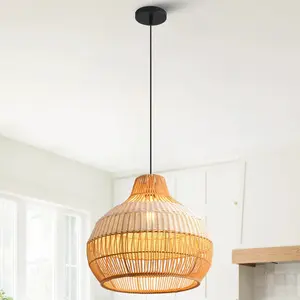 17" Yale Boho Rattan Pendant Light, Handwoven Natural Island Lighting for Kitchen Island Dining Room