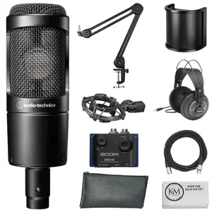Audio-Technica AT2035 Cardioid Condenser Microphone Bundle with Audio Interface + Studio Headphones + Microphone Arm + Pop Filter + XLR Cable + Cleaning Cloth (7 Items)