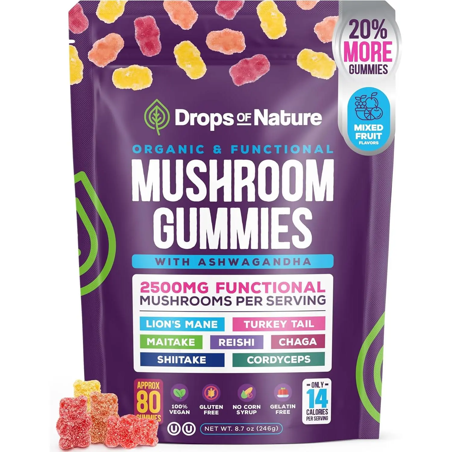 Ashwagandha Gummies and Lions Mane Mushroom Gummies Supplement - Organic - Reishi, Cordyceps, Turkey Tail, Maitake, Shitake, Chaga - Immune Defense, Boosts Cognitive Performance, Vegan, Low Carb Healthcare Natural Dietary Edible Fitness