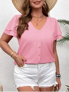 SHEIN Clasi Plus Size Vacation Ruffle Trim V-Neck Short Sleeve Blouse