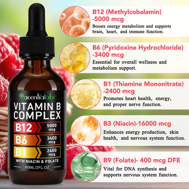 [Three-Bottle Pack]Vitamin B12 & B6 Drops, Sublingual Vitamin B12 Complex, 5000 mcg Methylcobalamin, Daily Nutritional Support, Raspberry Flavor, For Women & Men, Made in USA, 6 fl oz