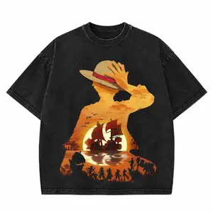 One Piece Vintage Washed Graphic Tee Collection – Oversized Anime Streetwear T Shirts, Pirate Crew Y2K Manga Tees, Digital Print Retro Acid Wash Shirts