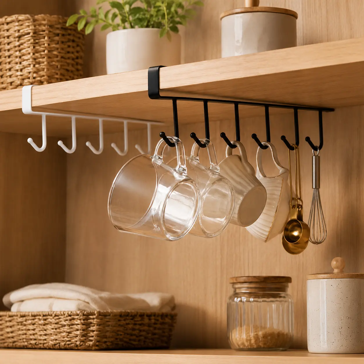 2 PCS No Drill Kitchen Utensil Hanging Rack Wall Mount Pot Spoon Storage Hook Under Cabinet Hanging Cup Holder Multipurpose Closet Hanging Organizer for Home Kitchen Hangable Hangers Installation