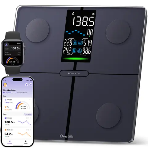 OVUTEK Smart Body Composition Monitor - 0.05lb High-Accuracy Smart Scale with BMI, Body Fat, Muscle Mass, LED Lights, Tempered Glass, Bluetooth Sync, Large Display, Fitness App, Light Item Mode, Anti-Slip Pads