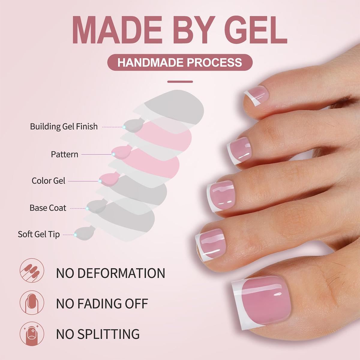 French Toe Nail Press Ons, Pre-Etched 15 Sizes 150Pcs, Sharp Square X-Soft Pink False Toenails, Soft Gel Full Cover Fake Toes for DIY Salon Pedicure & Nail Extensions
