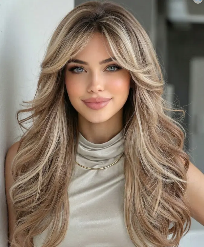 Brown Blonde Balayage Long Wavy Synthetic Wig for Women Middle Part Layered Big Wave Hair Wig Heat Resistant Natural Looking Daily Cosplay Full Hair Wigs