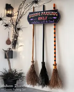 Halloween Decorations - Halloween Decor - Broom Parking Sign with 3 Wooden Witches Brooms - Cute Hocus Pocus Front Porch Wall Decor for Indoor Outdoor Home Office Party Decoration