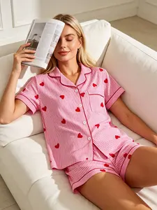 Coquette Pink White Stripe Red Heart Print Women's Short Sleeve Cardigan & Shorts Pajamas Set, Spring Summer Suitable, Red Trim, Sweet Girl Style Cozy Loungewear for Home Daily & Reading