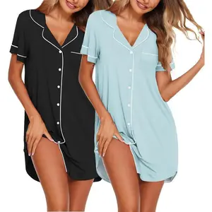 Nightgowns for Women 2 Pack Button Down Sleepwear Short Sleeve Sleepshirts Soft Nightshirts Boyfriend Pajama Dress(Raincoats)