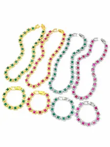 Trendy Spliced Square Color Necklace Bracelet Set, Unisex Iced Out Blingbling Design, Ideal Jewelry Gift & Punk Style Accessory