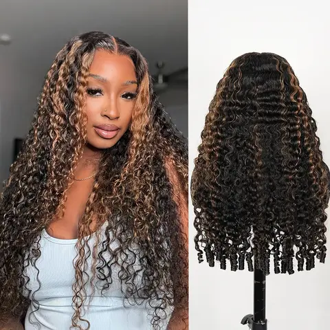 Burmese Curly Ready to Wear Highlight Lace Front Wigs Human Hair Pre Cut Lace Glueless Drawstring Wig with Finger Coil Ends
