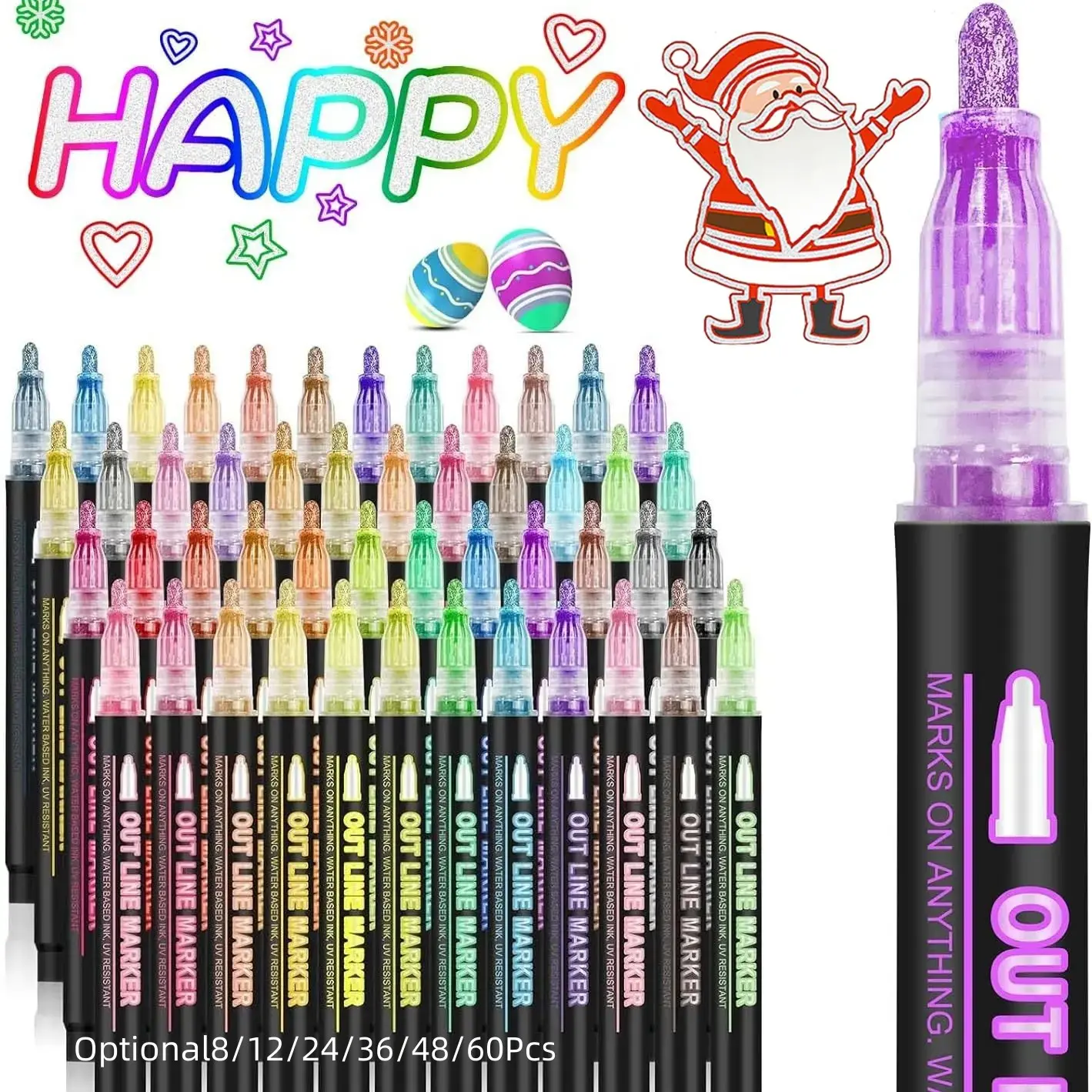Double Line Outline Pen, Metallic Self-Outline Glitter Markers in 8, 12, 24, 36, 48 or 60 Colors for Greeting Card Making and DIY Art Crafts, Valentine's Day Gift, Glitter Markers, Unique Pens, Diy Craft Supplies
