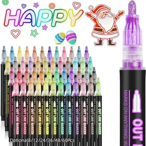 Double Line Outline Pen, Metallic Self-Outline Glitter Markers in 8, 12, 24, 36, 48 or 60 Colors for Greeting Card Making and DIY Art Crafts, Valentine's Day Gift, Glitter Markers, Unique Pens