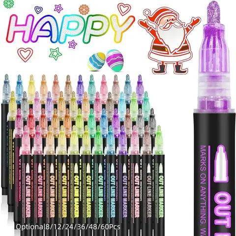 Double Line Outline Pen, Metallic Self-Outline Glitter Markers in 8, 12, 24, 36, 48 or 60 Colors for Greeting Card Making and DIY Art Crafts, Valentine's Day Gift, Glitter Markers, Unique Pens, Diy Craft Supplies