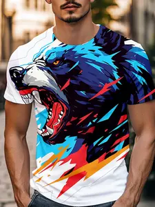 Geometric Roaring Bear Full Print Short Sleeve T-Shirt, American Street Hardcore Style, Skin-Friendly Breathable Outdoor Adventure
