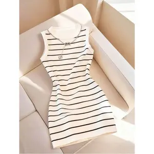 Women's New Striped Print Round Neck Slim Fit Sleeveless Dress, Spring/Summer Collection