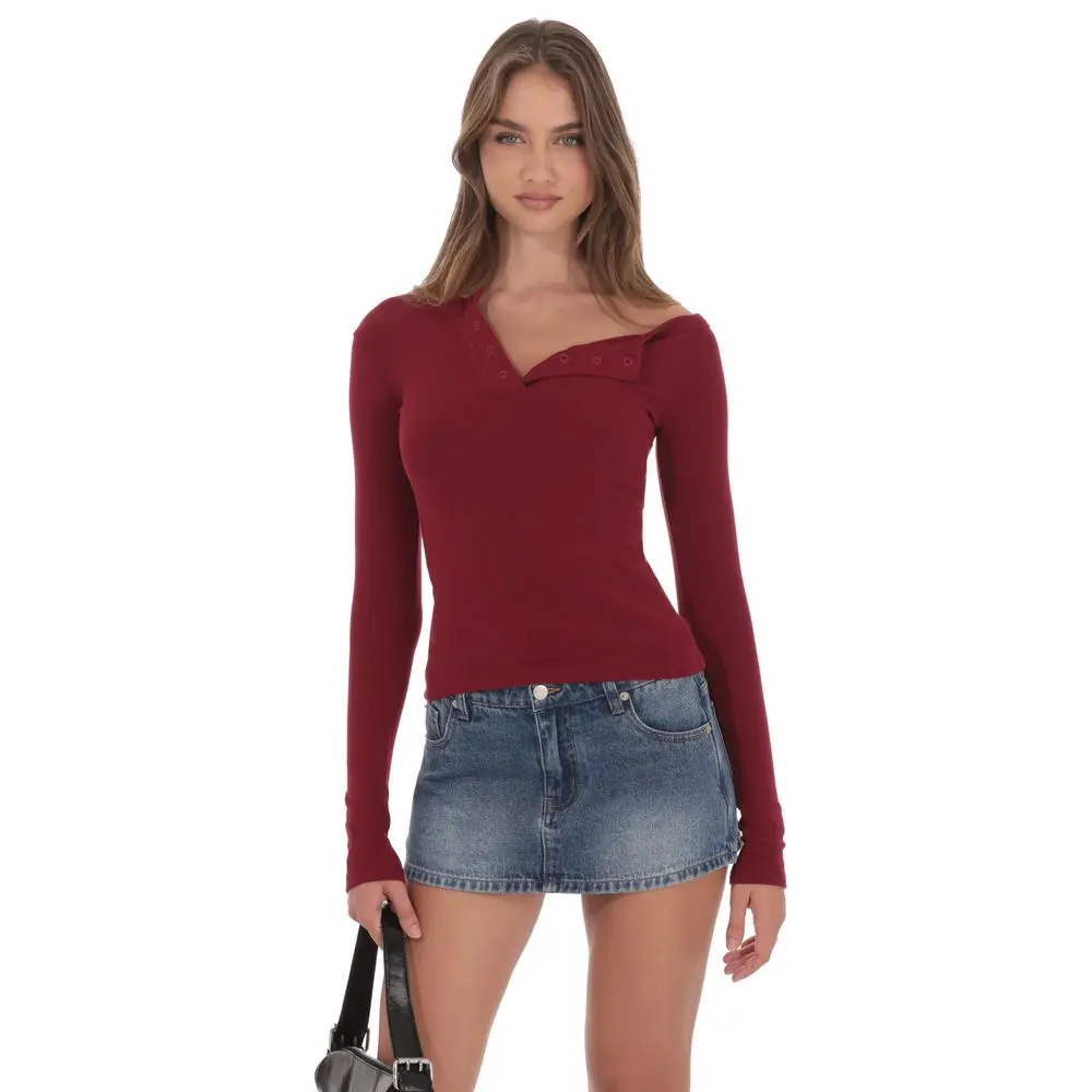 Off Shoulder Henley Top in Maroon