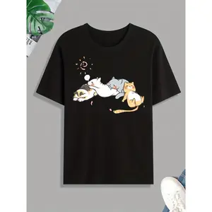 Men's fashionable casual printed short-sleeve T-shirt with cute cat illustrations, comfortable crew neck T-shirt for summer outdoor sports