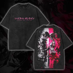 Sword Art Online Kirito x Asuna Loving Japanese Retro Vintage Unisex Oversized Anime Graphic Tee – Trendy Y2K Acid Washed Double Printed Cotton T-Shirt, Streetwear Casual Apparel Top, Outfits for Men, Manga Game Movie Lover Gift For Fans Merch