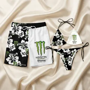 Monster Floral Couples Swimsuit Set – Women's Tie Side Bikini & Swim Top with Men's Beach Shorts, Matching Summer Vacation Swimsuits, Hawaiian Inspired Beachwear, Casual Resort and Holiday Bathing Suits