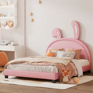 [Bellemave]Twin/Full Size Upholstered Leather Platform Bed with Rabbit Ornament