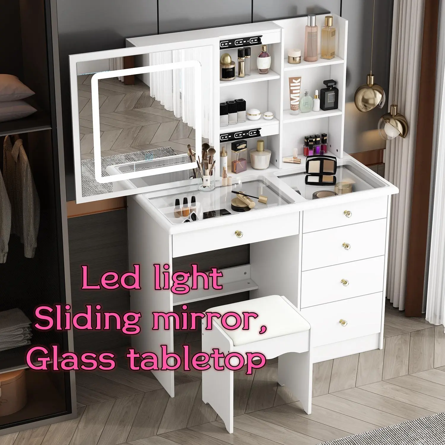 Large Sliding Lighted Mirror & Glass Top-White