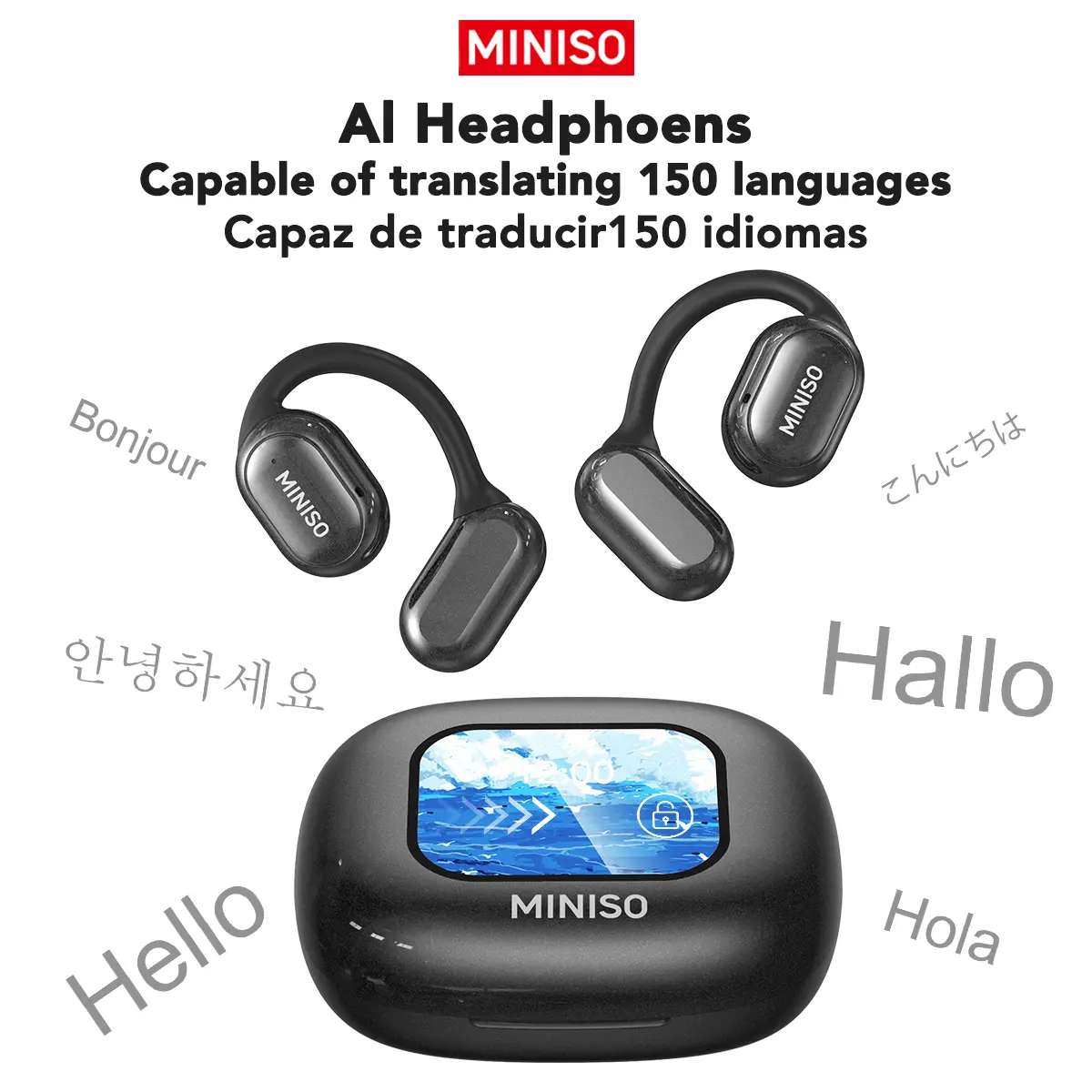 MINISO X30 AI translation earphones OWS Bluetooth earphones IPX5 waterproof 35 hours play time HIFI sound quality OWS earphones immersive high-quality sound effects long-distance connection earphones with charging box built-in microphone
