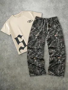 Men's Fashion Streetwear Street Casual Vintage Camouflage 2-Piece Set, Menswear Letter Print Graphic Short Sleeve T-Shirt & Leaf Camo Wide Leg Pants, Loose Fit Outdoor Adventure