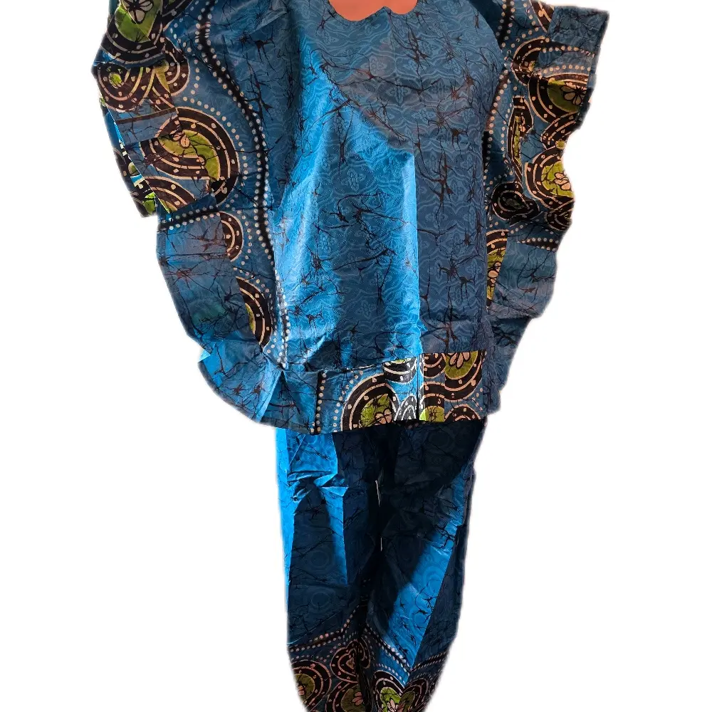 Adire Kampala Kimono Top and Bottom Set - Blue with Multicolor Patterns - Traditional African Fashion