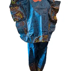 Adire Kampala Kimono Top and Bottom Set - Blue with Multicolor Patterns - Traditional African Fashion