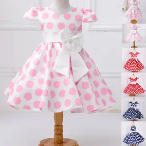 Polka Dots Kids Clothes Pink Flower Girls Frock Bow Ball Gown Pageant Children Elegant Princess Prom Host Formal Evening Party Cocktail Dress 6M-4Y