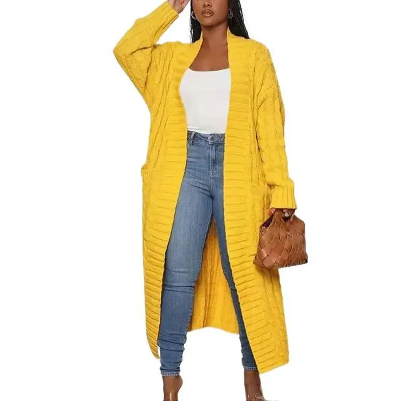 Women's Solid Color Textured Knit Open-Front Drop-Shoulder Pocket Longline Cardigan - Long-Sleeve Casual Sports Outerwear for Fall Winter