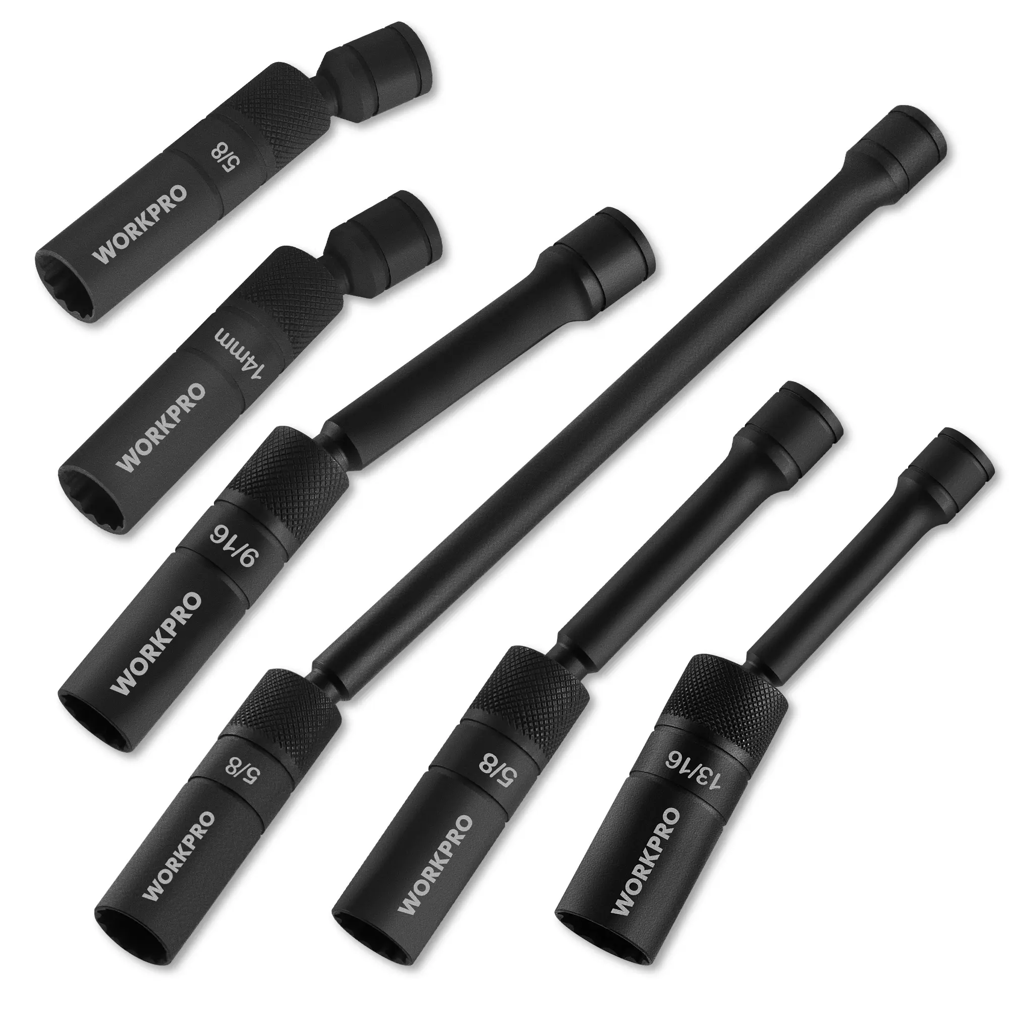 WORKPRO 3/8" Drive Magnetic Spark Plug Socket Set 12-Point, Includes 9/16", 5/8", 13/16", 14mm Sockets with 4", 6", 11" Extensions for Automotive Repair